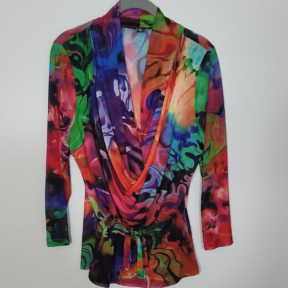 Vintage Juliette Sheer Mesh Ruched Top Size S Colorful Y2K Cyber Cowl Neck Artsy